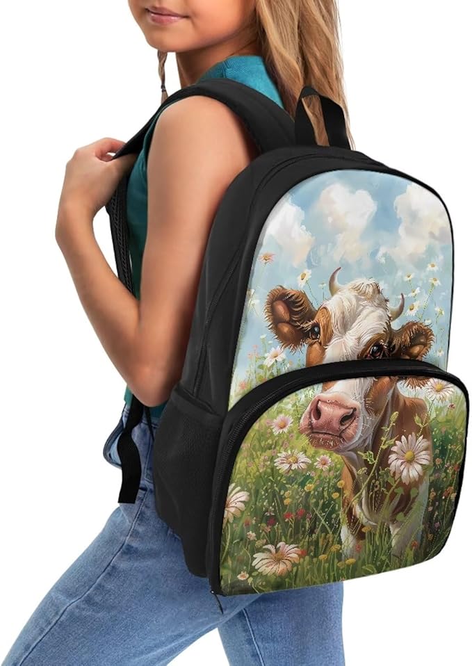 Cute Cow Daisy Student All In One Backpack Meal Bag Sturdy Insulated Cooler Backpack Lunch Box Tote Food Bag for College Beach Camping Picnics Primary Middle High Student Dayback