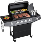 4-Burner Propane Gas Grill with Side Burner, 50,000 BTU Outdoor Gas BBQ Grill with Stainless Steel Grate, Easy-Clean Grease, Outdoor Cooking for Patio, Camping, Backyard