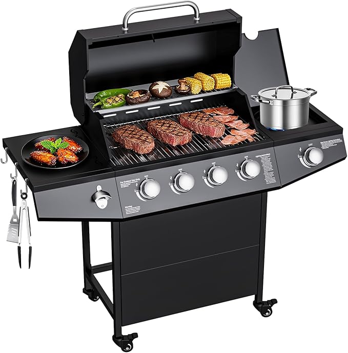 4-Burner Propane Gas Grill with Side Burner, 50,000 BTU Outdoor Gas BBQ Grill with Stainless Steel Grate, Easy-Clean Grease, Outdoor Cooking for Patio, Camping, Backyard