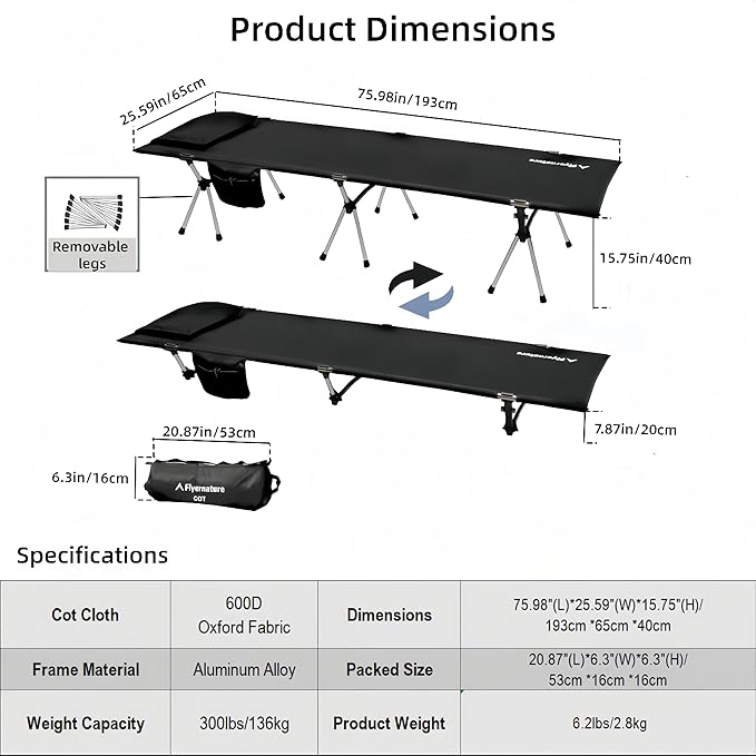Camping Cot for Adults, Height Adjustable Sleeping Cot, Supports 300 lbs, Lightweight Compact Foldable for Backpacking, Hiking, Travel, Beach, Truck & Office Nap | Flyernature