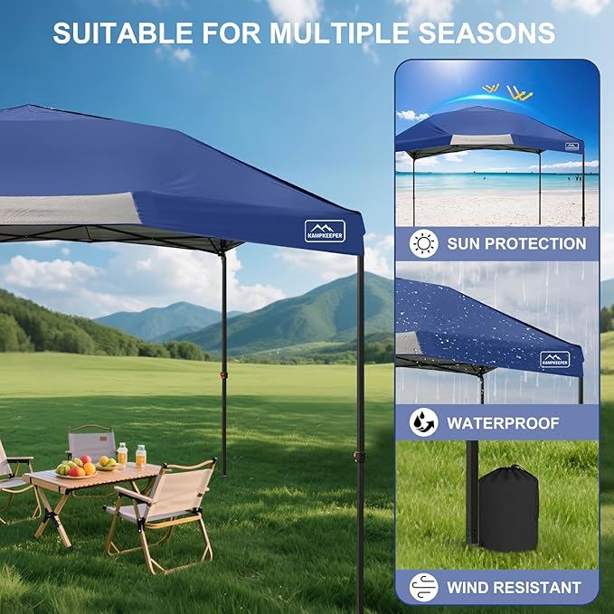 KAMPKEEPER 12x12 Pop Up Canopy Tent,Heavy Duty Outdoor Sun Shade for Events,Camping,Parties - Polygonal Patio Gazebo with Wheeled Bag,4 sandbags(Navy Blue)