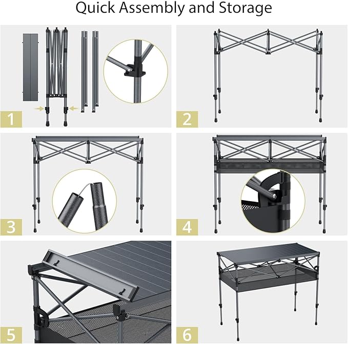 Anbte Camping Table Foldable, 2 Adjustable Height 34.2”, Large Roll Up Camping Table Support 264lbs with Storage Basket and Bag, Aluminum Outdoor Table, for Picnic Travel BBQ, 39.4” x 19.7”, Black