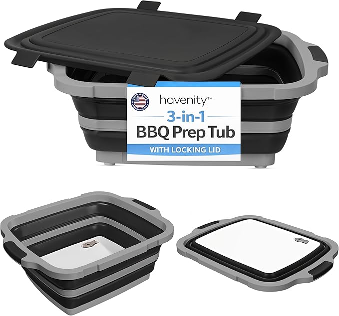 BBQ Prep Tub 8L - Multifunctional Collapsible Camping Cutting Board with Upgraded Locking lid, Meat Storage Container for Meal Prep, Dish Basin Bowl Perfect for Grilling Outdoor Cooking Large