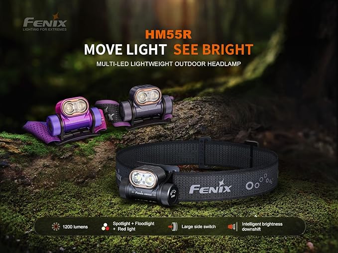 Fenix HM55R Rechargeable Headlamp, 1200 Lumen Spotlight Floodlight & Red Light, Lightweight, Long Runtime, USB-C Charging, Waterproof for Camping, Hiking, Running with Lumentac Organizer (Purple)