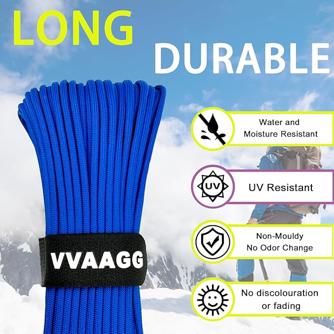 VVAAGG 1000 Blue Paracord Rope, 50ft 12 Strand Parachute Cord for Crafting, DIY Projects, Survival Bracelets, Camping, Tent, Clothsline, Outdoor Hiking, Fishing (Blue, 50FT)