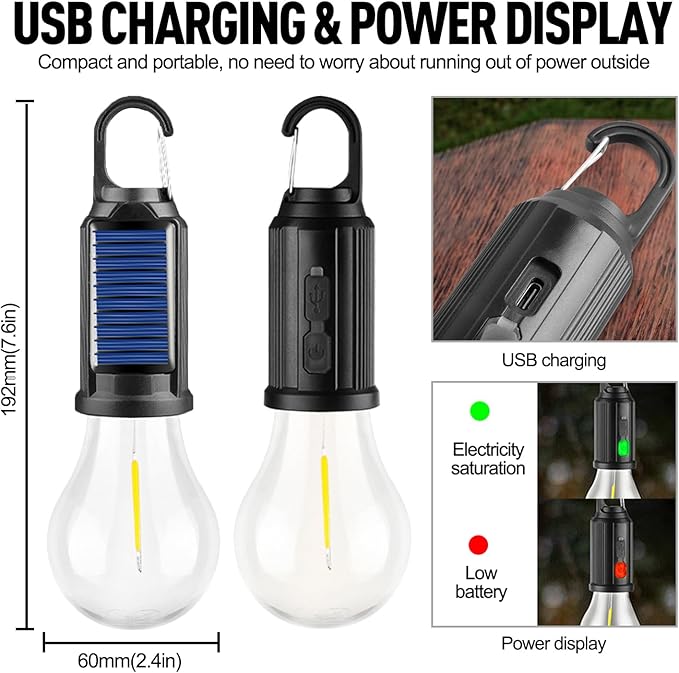 Solar Tent Lamp Portable LED Tent Lights, Hook Hurricane Emergency LED Camping Light Bulb, USB Rechargeable Lantern Bulb for Camping Hiking Backpacking Fishing Outage (4)