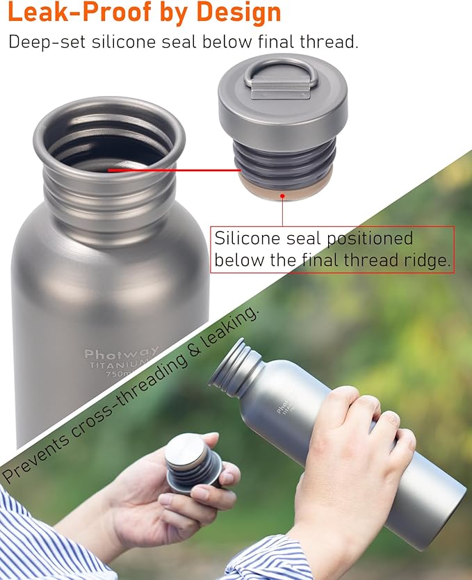 25oz Titanium Water Bottle, Ultralight Single Wall Titanium Flask for Boiling Water, Leakproof Sports Bottle for Camping, Hiking, Cycling & Outdoor Use