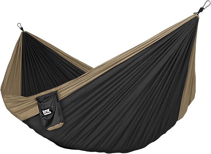 Fox Outfitters Neolite Double Camping Hammock - Lightweight Portable Nylon Parachute Hammock for Backpacking, Travel, Beach, Yard. Hammock Straps & Steel Carabiners Included (Khaki/Black)