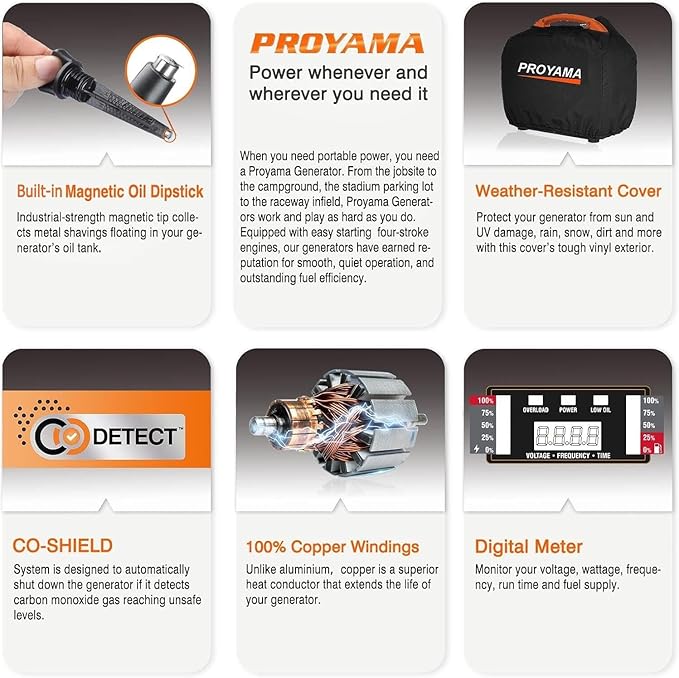 PROYAMA 4000W Portable Gas Inverter Generator, CO Sensor, Digital Interface, RV - Ready, LED Light, ECO - Mode, Parallel Capable, Low Oil Shutoff, Super Quiet and Lightweight with Weatherproof Cover