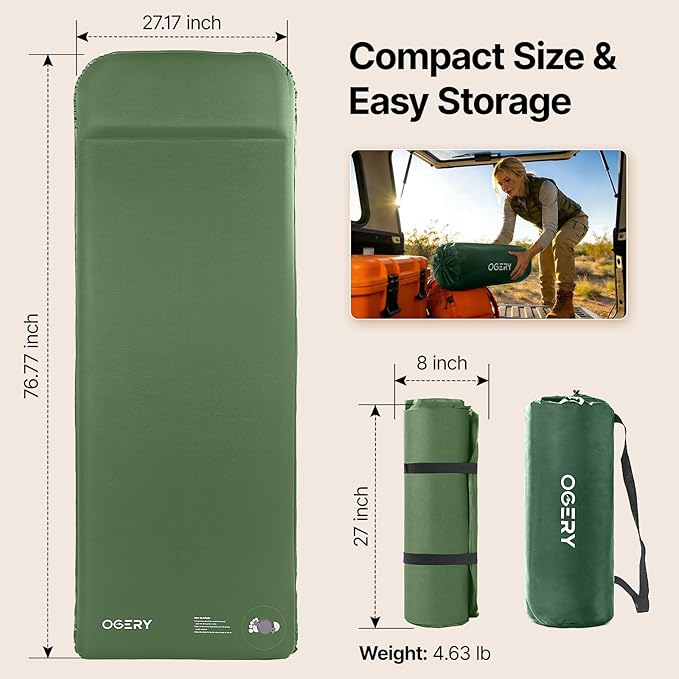 OGERY Self-Inflating Sleeping Pad with Built-in Foot Pump, 3" Memory Foam Camping Mattress for Side Sleepers, Quiet & Insulated Sleeping Mat Camping Essential Gear for Car Tent Camping