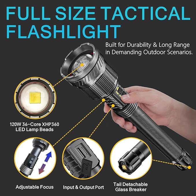 Rechargeable Flashlight 15,000 High Lumens, 120W XHP360 LED Super Bright Tactical Zoomable Flashlights with USB Output, Large Capacity Powered Waterproof Flash Light for Emergencies, Camping, Hunting