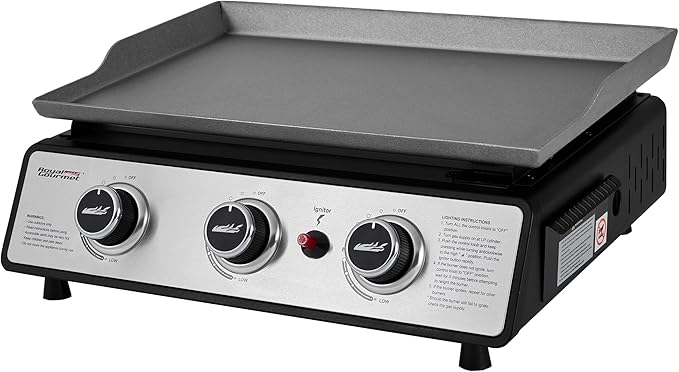 Royal Gourmet PD1301S Portable 3-Burner Tabletop Gas Griddle, 25,500 BTU Cooking Power, 304 Sq. In. Cooking Surface, Ideal for Camping & Tailgating, Black & Silver