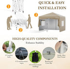 CYFIE 10'x10' Pop Up Canopy Tent with 4 Removable Sidewalls, Portable Instant Commercial Outdoor Canopy Gazebo with Stakes, Ropes, Sandbags for Outdoor Events, Beach, Camping, Vendor Events, Khaki