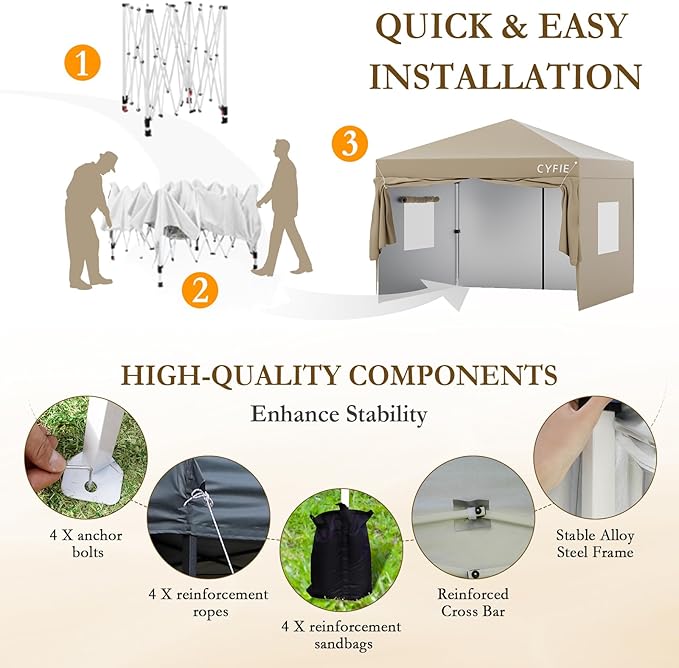 CYFIE 10'x10' Pop Up Canopy Tent with 4 Removable Sidewalls, Portable Instant Commercial Outdoor Canopy Gazebo with Stakes, Ropes, Sandbags for Outdoor Events, Beach, Camping, Vendor Events, Khaki
