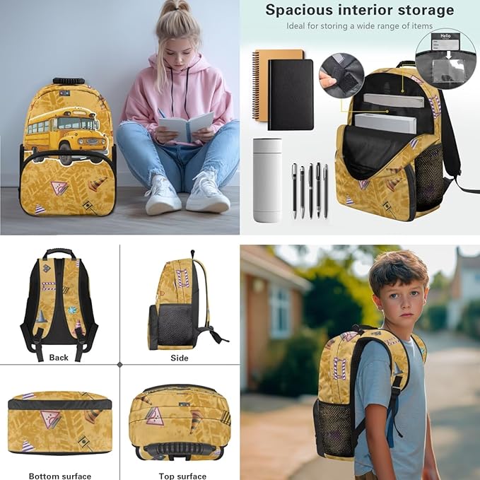 School Bus Backpack and Lunch Box Set Boys Lightweight Kids Backpack Elementary School 4 in 1 Set for Primary Kids Casual Daypack Tote Bags