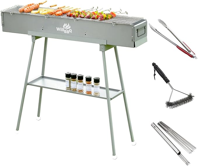 WILLBBQ Charcoal Grills Commercial Quality Portable Hibachi BBQ Lamb Skewer Folded Camping Barbecue Grill for Backyard Outdoor Cooking Use (39.4x7.1x5.1 inch With Accessories)