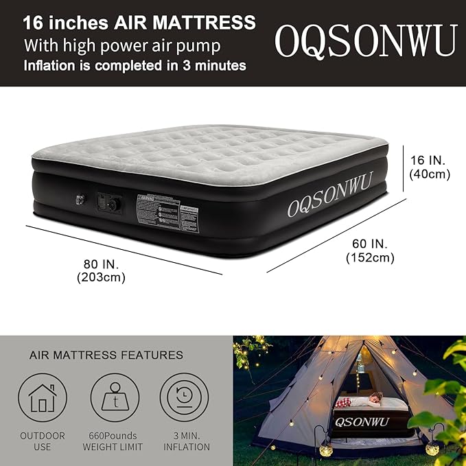 Air Mattress Queen with Built in Pump, Max 660 lbs Weight Capacity - 16" Foldable Portable Inflatable Mattress for Guests, Home, and Camping