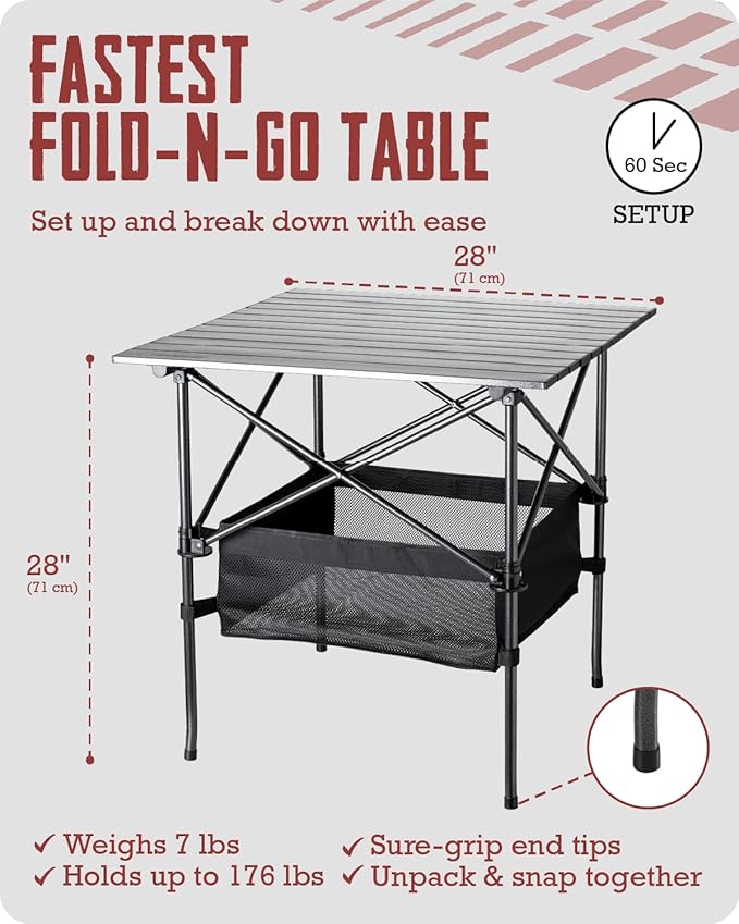 TrailBuddy Folding Camping Table - Aluminum Foldable Table for Tailgating or Camp Site with Carry Bag - Lightweight and Portable for Beach, Picnic, Tailgate & Outdoor Use, 28"x 28" x 28"