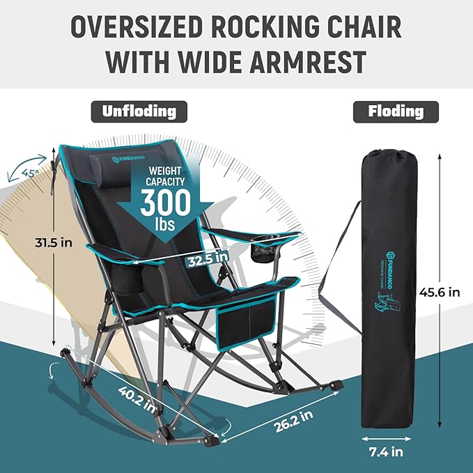 FUNDANGO Oversized Rocking Camping Chair for Adults, 2 Pack Portable Folding Lawn Chairs for Outside with Pillows, Wide Armrest, 2 Cup Holders, Carry Bag for Patio Garden Outdoor Supports 300Lbs