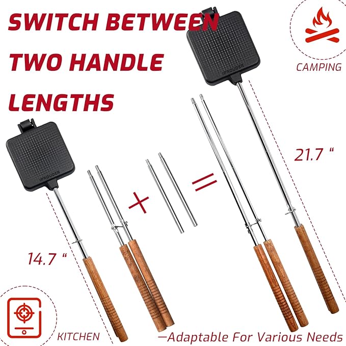 Campfire Pie Iron 4.9" Large Cast Iron Sandwich Maker for Camping 2 Pcs with Storage Bag - 21.7 inch Adjustable Handles - Campfire Cooking Equipment for Grilling & Outdoor Cooking