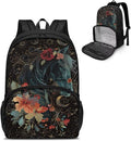 Horse Floral Moon Computer College Laptop Bag with Lunch Compartment for Men Women, Primary Middle High School Daypack Bookbag, Dustproof Hiking Picnic Cooler Backpack Meal Bag
