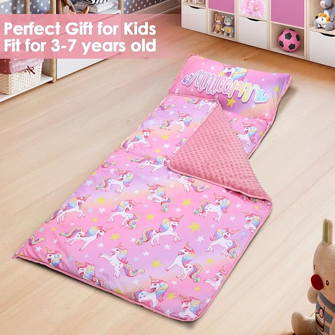 Kids Nap Mat Portable Slumber Bags with Removable Pillow and Blanket for Girls Boys, Lightweight Extra Large Sleeping Bag for Preschool Camping Daycare