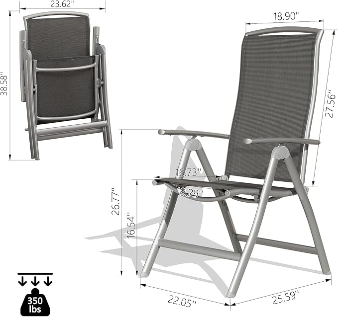 Domi Patio 2-Pack Folding Lounge Chairs - Adjustable Reclining Outdoor Chairs with Aluminum Frame & Textilene Seat for Patio, Pool, Beach, Camping