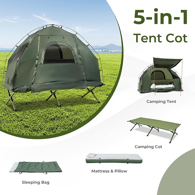 GYMAX Tent Cot, 5-in-1 Folding Camping Cot with Mattress & Pillows, Sleeping Bags, Sunshade, Camping Tent Elevated with Carrying Bag for Outdoor Hiking, Fishing, Picnic