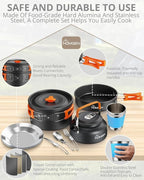 HOMGEN 17-Piece Camping Cooking Set with Stove Windshield & 2 Plates - Lightweight Aluminum Nesting Pot/Frying Pan Teapot - Complete Camping Mess Kit for Backpacking Picnics Outdoor Cooking Camping