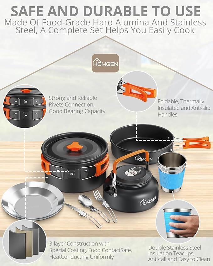 HOMGEN 17-Piece Camping Cooking Set with Stove Windshield & 2 Plates - Lightweight Aluminum Nesting Pot/Frying Pan Teapot - Complete Camping Mess Kit for Backpacking Picnics Outdoor Cooking Camping