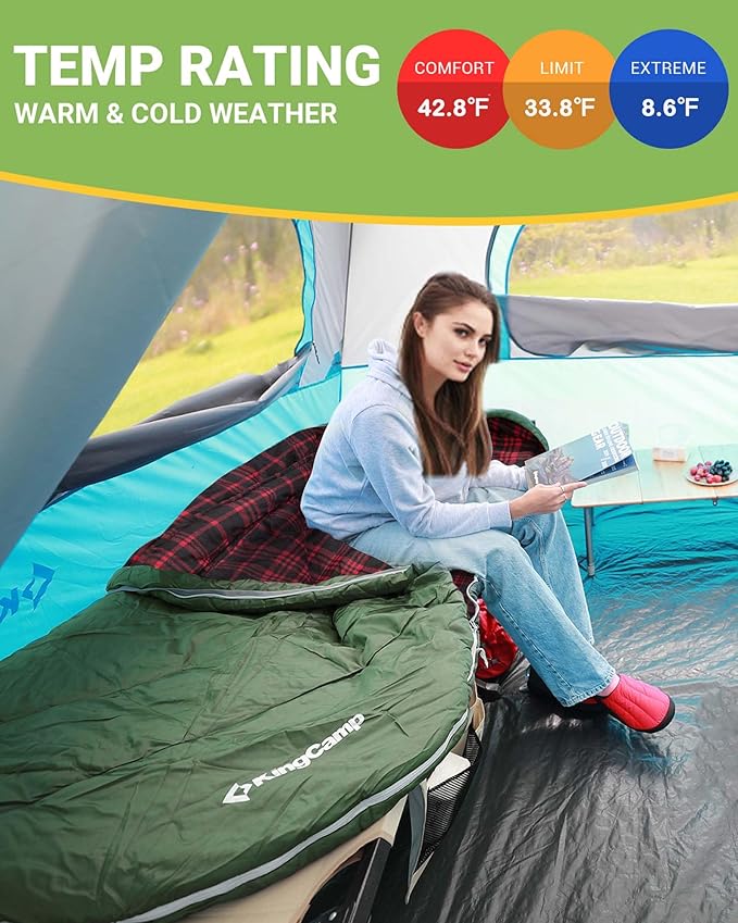 KingCamp Sleeping Bag for Adults, Cold Weather & Warm Extra Wide Big & Tall XL Portable Waterproof Flannel Sleeping Bags, Essentials Gear Accessories for Camping Backpacking Hiking Indoor & Outdoor