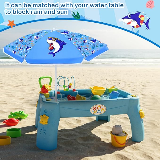 Sweetude Water Table Umbrella (Table Not Included), Kids Seaside Beach Umbrella Picnic Canopy for Summer Toddlers Sand Beach Camping Garden Outdoor Pool Shade Party Supply(Shark Theme)