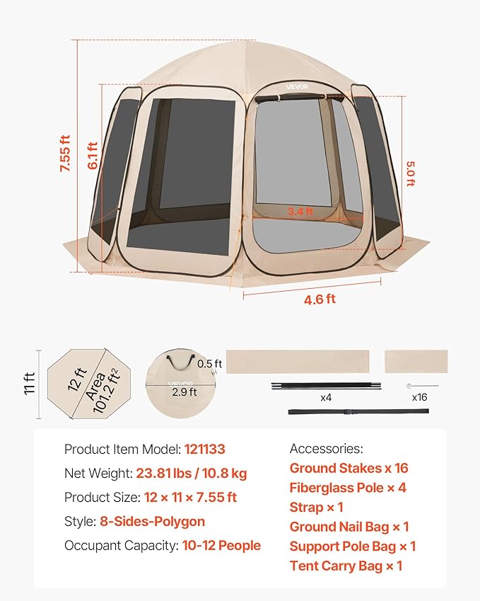 VEVOR 12 x 11 ft Pop up Screen House Tent, 10-12 Person Screen Gazebo w/Carry Bag, Netting Sides & Ground Stakes, Quick Setup, Screened in Canopy for Garden, Patio & Backyard, Outdoor, Beige