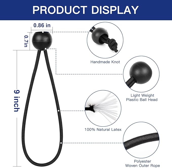 9 Inch Ball Bungee Cords, 100 pcs Bungie Cord Balls Tarp Tie Bungee Balls Tie for Canopy, Camping Tarp, Shelter,Cargo,Tent Poles- UV Resistant