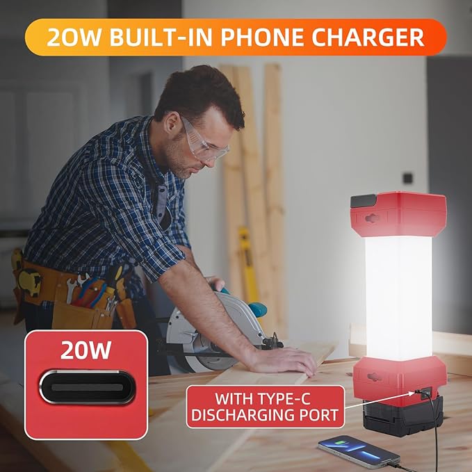 LED Work Light Compatible with Milwaukee M18 Battery, 2900LM 360° Cordless Jobsite Light for Garage, Workshop & Camping, 2 Modes Lantern with Type-C Charging Port (Battery Not Included)