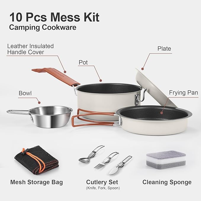 Odoland 10pcs Camping Cookware Non-Stick Camping Pot and Pan Set with Plate Bowl Fork Knife Spoon for Backpacking, Hiking, Outdoor Cooking and Picnic