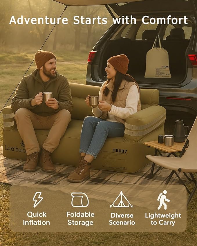 Portable Inflatable Couch for Camping with Built-in Pump Durable Inflatable Furniture Comfortable Blow Up Couch Stylish Outdoor Air Sofa Perfect for Backyard Beach Music Festival Party | Auto Cordless Pump, Durable Fabric, Puncture Resistant, Stain-Res...