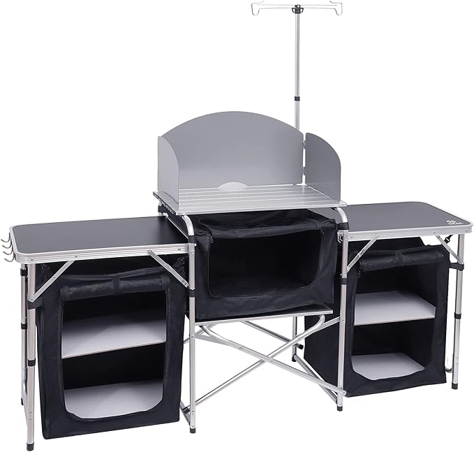 Nice C Camping Kitchen Table, Folding Grill Table, Upgrade Light Stand and Windshield Cooking Station & 3 Organizers, Carry Bag for Outdoor, Beach, BBQ, Picnic, Cooking, Indoor, Office(Silver)