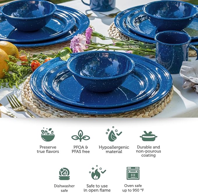 Cinsa 23 Piece. Enameled Dinnerware Camping/Outdoor Set for 4. Includes Plates, Bowls, Mugs, Coffee Boiler.