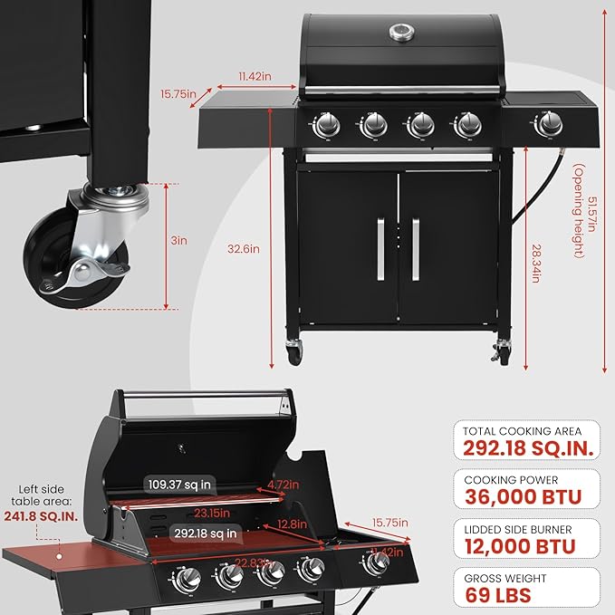4-Burner w/Side Burner Gas Grill with 292 SQ.IN. Outdoor Grill with 44,000 BTU,Propane Grills with Top Cover Lid,Grills Outdoor Cooking for Patios,Camping,Balcony-Q043