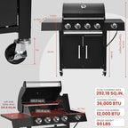 4-Burner w/Side Burner Gas Grill with 292 SQ.IN. Outdoor Grill with 44,000 BTU,Propane Grills with Top Cover Lid,Grills Outdoor Cooking for Patios,Camping,Balcony-Q043