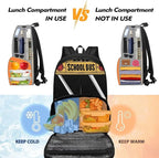 School Bus 17 Inch Kids Casual Backpacks with Insulated Cooler Lunch Compartment Lightweight Elementary Students Knapsack Primary Middle High School Bookbag
