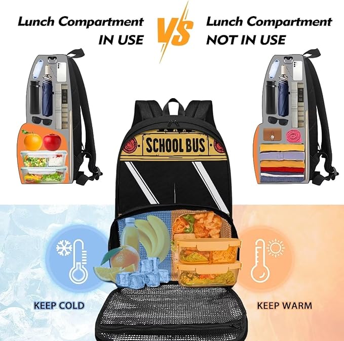 School Bus 17 Inch Kids Casual Backpacks with Insulated Cooler Lunch Compartment Lightweight Elementary Students Knapsack Primary Middle High School Bookbag