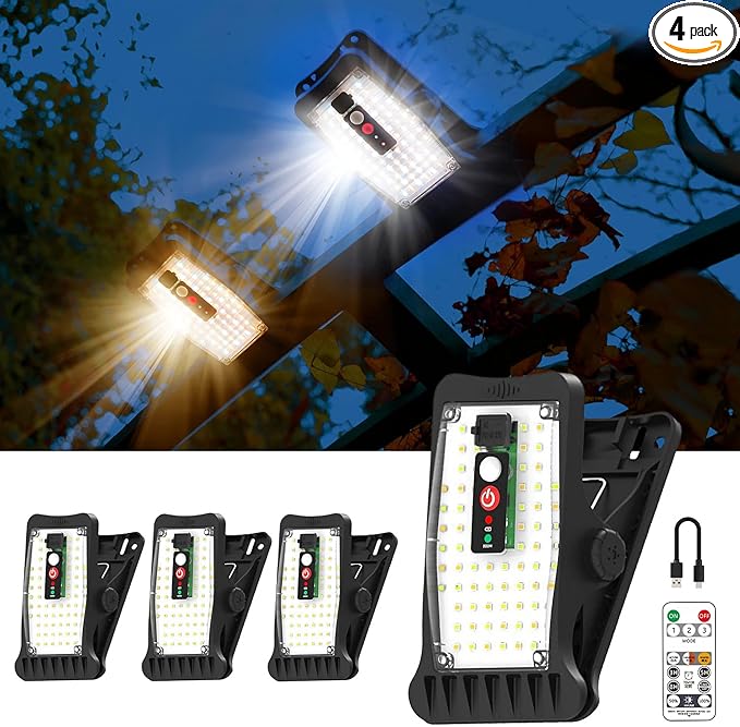 Clip On Solar Motion Lights Outdoor Waterproof, 800LM, 70 LED, 3 Color Temperature, USB & Remote Control, 4 Pack Portable Solar Powered Light Outside for Gutters Fence Garage Camping