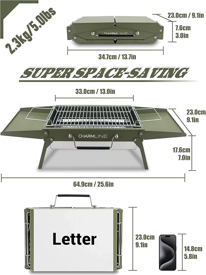 Charmline 14x9 inches Small Portable Charcoal Grill, Camping Gift for Outdoor Enthusias, Tabletop Charcoal Grills for Camping, Picnics, Gardens and Beach Parties, Green