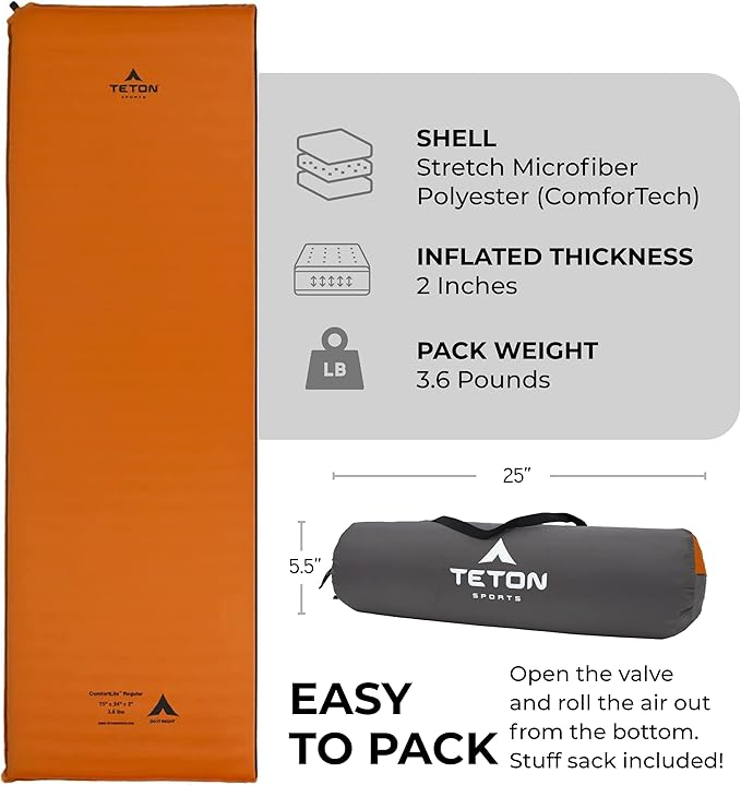 Teton Inflatable Sleeping Pad, Sleeping Mat for Camping, Backpacking, Hiking