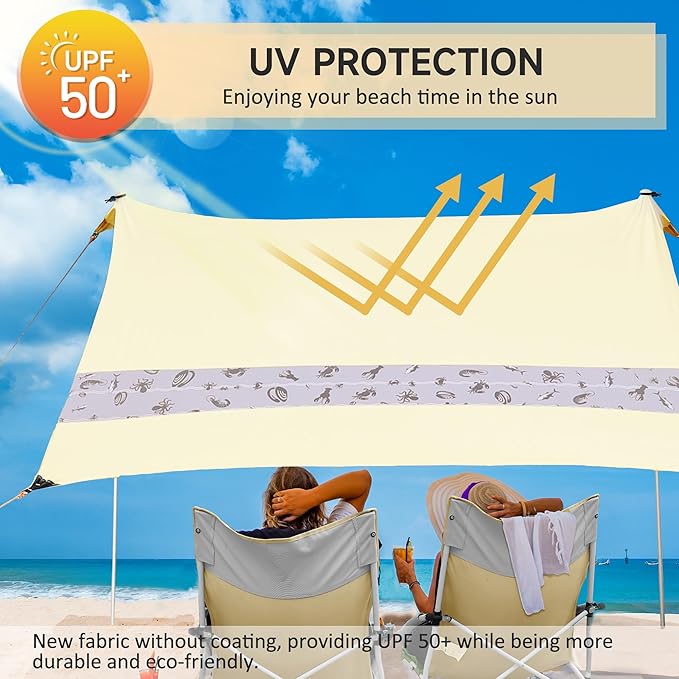 VILLEY Beach Tent Sun Shelter with UPF50+ Protection for 5 Person, 8x7FT Portable Sun Shade with 2 Stability Poles and 4 Sandbags, Outdoor Beach Canopy for Camping, Picnics, Fishing, Outdoors(Khaki)