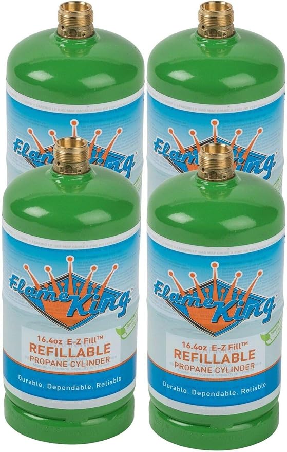 Flame King 1LB EMPTY Propane Cylinder Tank – Refillable – Reusable – Safe and Legal Refill Option – DOT Compliant – 16.4 oz for Camping, Backpacking, and Hiking (4-Pack), Green (YSN164-4)