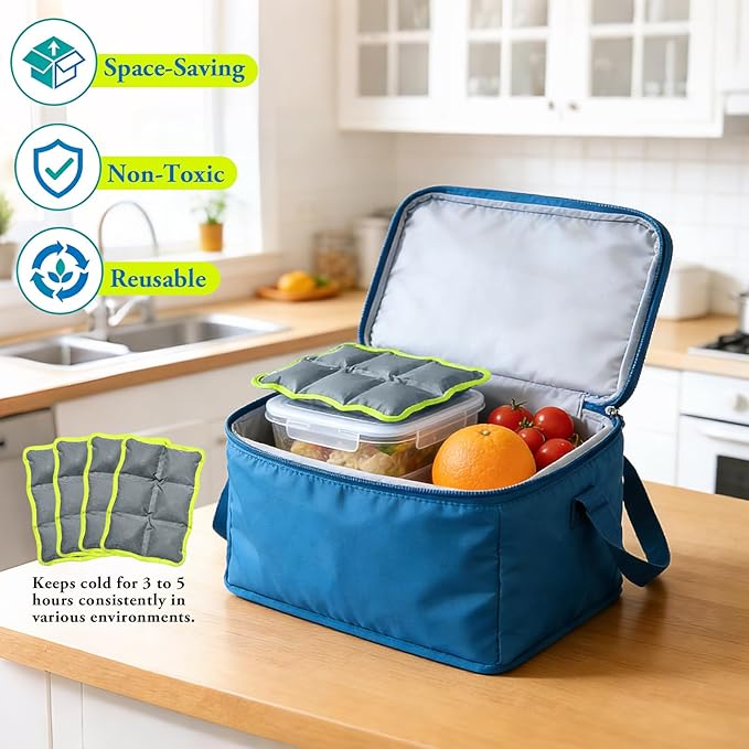 4pcs Reusable Ice Packs for Lunch Boxes & Coolers, (6”x4”x0.7”) Slim Freezer Packs for School Lunch Bags, Small Non-Toxic Cooler for Picnic & Camping