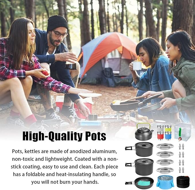 27PCs Outdoor Camping Cookware Kit Portable Cooking Set Non-Stick Tableware with Foldable Spoon Fork Cup Picnic Combination Supplies